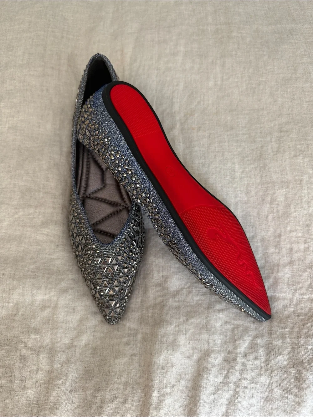 Silver Crystal-Embellished Pointed Flats with Red Sole